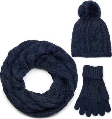 Produktbild von styleBREAKER Schal, Mütze und Handschuh Set, Zopfmuster Strickschal mit Bommelmütze und Handschuhe, Damen 01018208