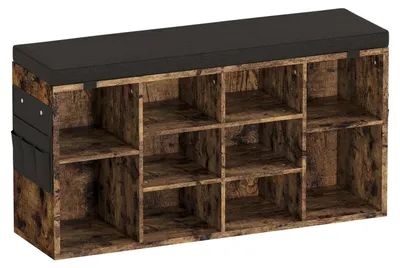 Immagine prodotto di Panca porta scarpe con cuscino - Panca contenitore per scarpe - 10 scomparti - Ripiani regolabili - Adatta per ingresso, camera da letto o soggiorno - Materiale: legno - Colore: marrone rustico