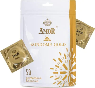 Produktbild von AMOR Premium Kondome Gold, 50 Stück, Ø 53 mm goldfarbene Oberfläche