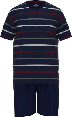 Produktbild von GÖTZBURG Herren Schlafanzug - Baumwolle, Rundhals, Streifen, kurz Blau/Rot/Weiß 3XL