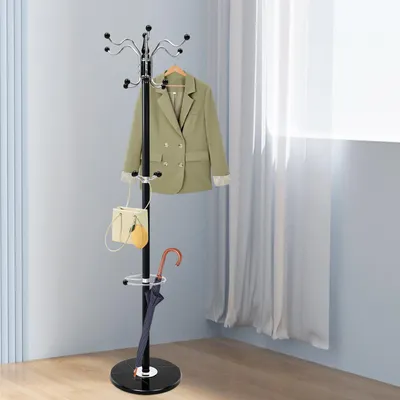Produktbild von Garderobenständer mit 16 Haken 170cm Kleiderständer Jackeständer Schwarz freistehender 4 Stufen Baumhut Gestellmantel Organizer