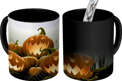 Obrázek produktu pro MuchoWow® Kouzelný pohár Ilustrace usmívajících se dýní během Halloweenu 350 ml Barva měnící se pohár Dárkový nápad - foto hrnek