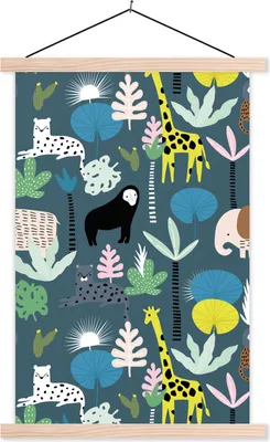 Produktbild von MuchoWow® Textilposter Dschungel - Tiere - Blau 40x60 cm mit holzfarbenen Rahmen - Poster