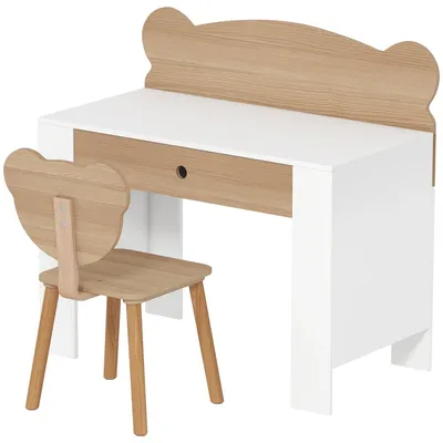 Produktbild von Kinderschreibtisch mit Stuhl für Kinder – Bierdesign und Schublade | Farbe: Braun + Weiß