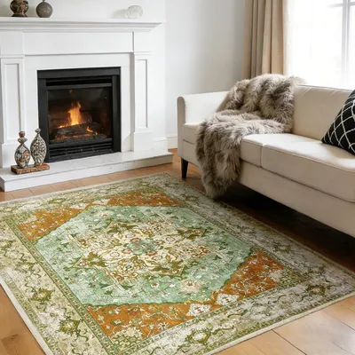 Productafbeelding van Elzusha - Vintage Wasbare Boho Vloerkleed 160x220 cm Groen