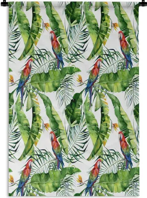 Produktbild von MuchoWow® Wandteppich Wandbehang Blumen - Blätter - Papagei 90x135 cm Tapisserie Dekoration Wandtuch - Baumwolle - Wandskulptur