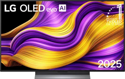 A marketing image of an LG OLED TV displaying a colorful abstract image on its screen, with branding and year information overlaid.