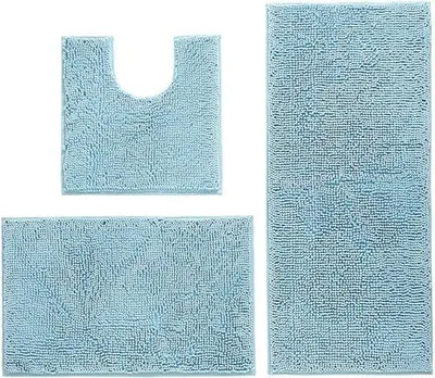 Obrázek produktu pro Protiskluzová sada koupelnových předložek, vysoká absorpce vody, měkké mikrovlákno, toaletní podložka, podložka pod WC, lze prát v pračce, 3dílná sada (světle modrá)