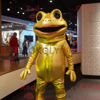 Productafbeelding van Gouden REDBROKOLY Kikker mascottekostuum gekleed met een coltrui en cumberbanden