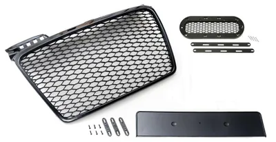 Kühlergrill Wabengrill SCHWARZ GLANZ + Emblem Halter für Audi A4 B7 8E 2004-2009 – Produktansicht