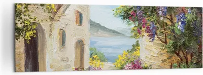 Produktbild von Bild auf Leinwand - Leinwandbild - Einteilig - Haus Santorini Blumen - 160x50cm - Wand Bild - Wanddeko - Wandbilder - Leinwanddruck - Bilder - Wanddekoration - Leinwand bilder - AB160x50-4191