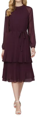 Produktbild von Damen elegantes Midi Chiffonkleid mit langen Ärmeln, Rüschen und A-Linie, Größe 40