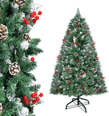 Obrázek produktu pro LZQ 150cm umělý vánoční stromek s kovovým stojanem Jedle pro vánoční výzdobu se sněhem, šiškami a červenými bobulemi