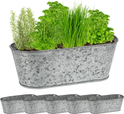 Image de Lot de 6 bacs en zinc Relaxdays, bacs à plantes galvanisés, bacs ovales en fer pour l'extérieur, H x L x P : 11 x 30,5 x 13,5 cm, argent