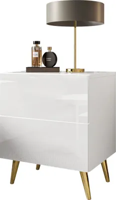Produktbild von Nachttisch AURA LUX Weiß/Weiß Hochglanz mit goldenen Beinen
