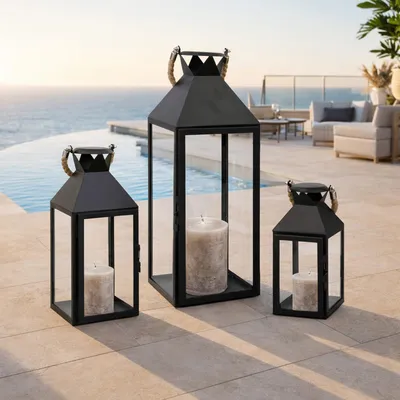 XXL 3tlg Gartenlaternen Set Windlichter 25/40/51cm mit Seilgriff Metall Schwarz