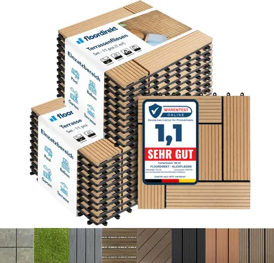 Produktbild von WPC Fliesen Terrassenfliesen Klickfliesen Balkonfliesen wetterfest Classic Teak 30 x 30 cm 22 Stück (2m²)