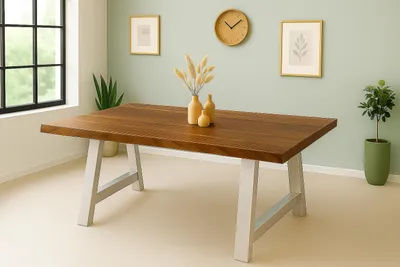 Produktbild von Esstisch Baumkante Akazie massiv 50mm Nussbaum 240 x 100 cm A-Gestell silber CALI