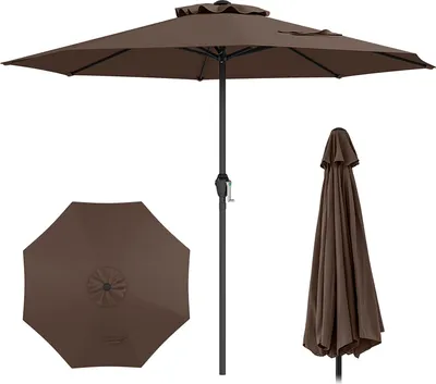 A brown patio umbrella is shown in three different views: open, closed, and a top-down view of the canopy.