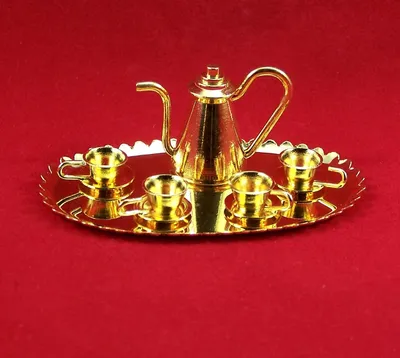 Produktbild von Miniatur Kaffeeservice für Puppenhaus. 1:12. Aus Metall, Messingfarbig.