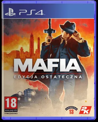 The image is a video game cover for Mafia: Definitive Edition on PS4. It features a man in a fedora and suit holding a Tommy gun, with a city skyline in the background.