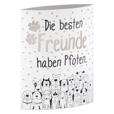 Produktbild von Gilde Dekoleuchte (LED), Ellipse, "Hundebande", Hundmotiv, Spruch, Papier, weiß, VE 8, L. 6 cm, B. 13 cm, H. 16 cm