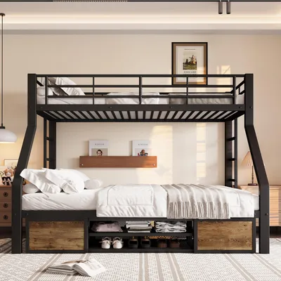 Produktbild von Etagenbett mit 2 Liegeflächen, Lattenrost, Regalschrank und Rausfallschutz 90x200cm/140x200cm, Metallbett mit Rausfallschutz, Kinderbett