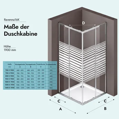 Produktbild von doporro 90x90cm Eckeinstieg Duschkabine Schiebetür Duschabtrennung Milchglas Streifen Eckdusche 6mm ESG Glas Höhe 190cm Links/Rechts montierbar Rav16MS