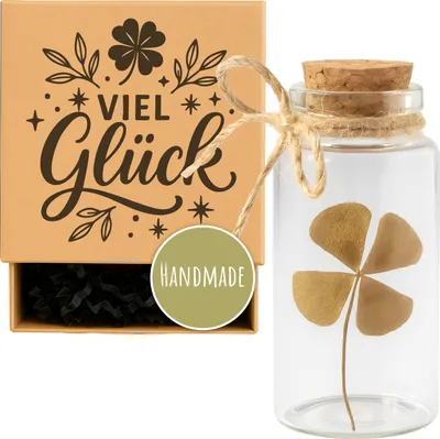 Produktbild von Kleiner goldener Glücksbringer | echtes goldfarbenes vierblättriges Kleeblatt im Glas | handgefertigt in Deutschland | ideales Geschenk für Silvester, Geburtstag, Hochzeit, Abschluss