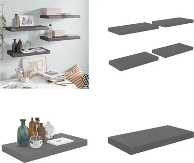 Obrázek produktu pro vidaXL Plovoucí police 4 ks. MDF 50x23x3,8 cm, šedá, vysoký lesk - Nástěnná police - Nástěnné police - Plovoucí nástěnná police - Plovoucí nástěnná police
