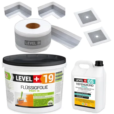 Obrázok produktu pre Hydroizolačná súprava Tekutá fólia 12 kg Páska 10mb Základný náter 5 l Manžety Rohy Balkón Kúpeľňa LEVEL+ SET543