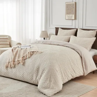 Zdjęcie produktu dla Komplet pościeli 200x220 cm, kolor beżowy, geometryczny wzór, wykonany z mikrofibry, 3-częściowy, z zamkiem błyskawicznym