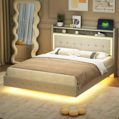 Image de OKWISH Lit Double 140×200 cm - Lit Capitonné Adulte avec LED, Port USB et Rangement Caché, Tissu Lin Beige - Sans Matelas