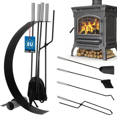 Produktbild von KOTARBAU® Kaminbesteck Schwarz Modern Ofenbesteck Stahl Kaminofen Zubehör Kamingarnitur Set Bürste Schaufel Zange Schürhaken mit Edelstahlgriffe Ständer Kamin Reinigungsset Kaminzubehör Kaminwerkzeug