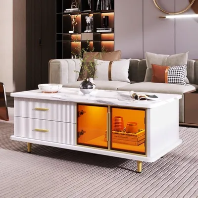 Image de Table basse - 115 cm de longueur - Blanche avec motif marbré - Bande lumineuse LED - Verre et bois