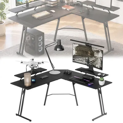 Produktbild von TANYEAR Gaming Eckschreibtisch 140 X 140 cm Schwarz mit 2 Monitorablagen für Gaming und HomeofficeX