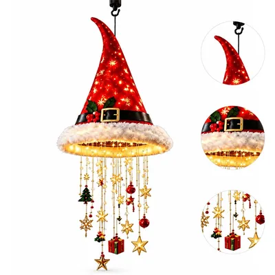 Produktbild von LED Weihnachtsmütze Hängelampe, Weihnachtsmann Mütze mit warmweißer Beleuchtung, Weihnachtsdeko Anhänger für Fenster Tür Wohnzimmer