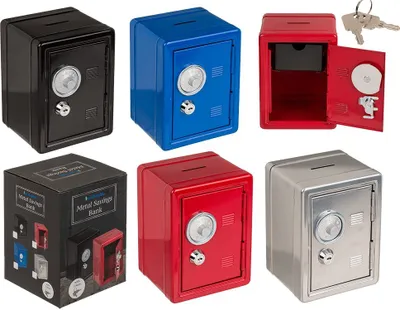 A collage of different colored metal piggy banks shaped like safes, along with a box showing the product.