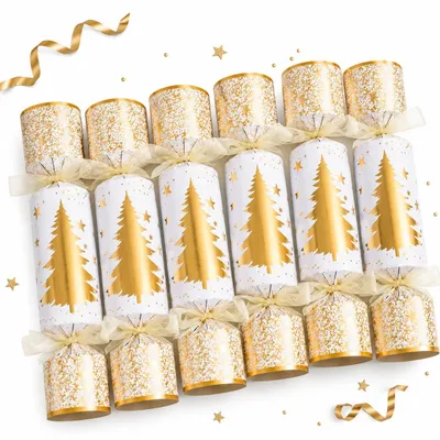 Productafbeelding van Luxe set met 6 kerstcrackers in goud/wit – Feestelijke kerstcrackers met een gouden kerstboommotief – Kerstdecoratie voor de tafel