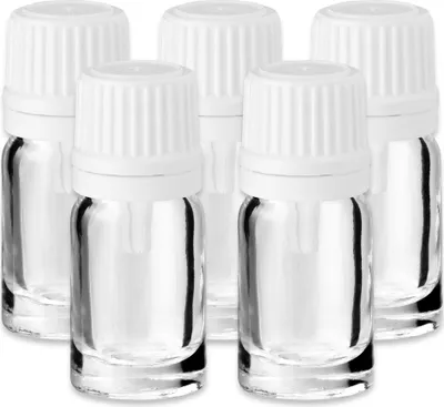 Produktbild von 5x Klare Glasflasche 5 ml mit weißem Tropfeinsatz Glasfläschchen DIN18