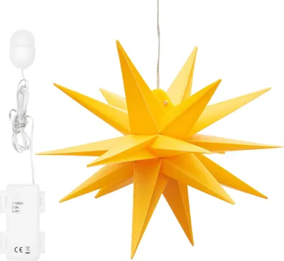 Produktbild von 3D Leuchtstern mit warm-weißer LED Beleuchtung, hängend, 6 / 18h Timer, batteriebetrieben, ca. Ø 25 cm (gelb)