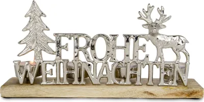 Produktbild von Adventskerzenhalter mit Tanne & Hirsch | Metallmotiv "Frohe Weihnachten" | 30×6,5×15 cm | 12738