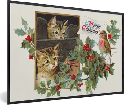 Produktbild von MuchoWow® Gerahmtes Poster Weihnachten - Katzen - Vogel 90x60 cm - Poster mit Schwarzem Bilderrahmen Wandposter Rahmen Foto Bilder - Fotorahmen - Foto-Plakat
