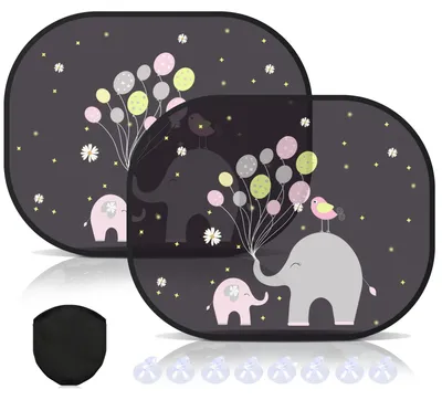 Image de Pare-soleil pour vitre de voiture pour bébés, pare-soleil pour vitre de voiture pour enfants avec protection UV, 44 x 36 cm, pare-soleil pour vitre de voiture pour enfants avec 8 ventouses et de jolis motifs d'animaux (éléphant)