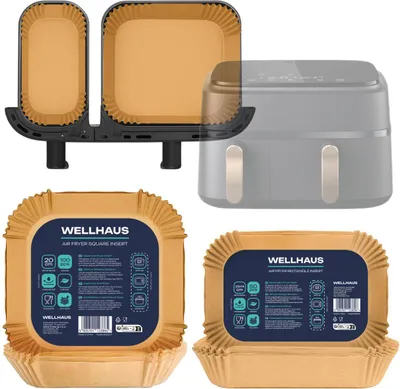 A collage of images showing air fryer liners and a partially visible air fryer.