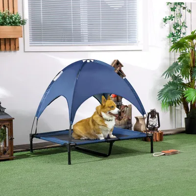 Produktbild von Hundebett outdoor erhöht klappbar mit Baldachin, Hundeliege Netzstoff atmungsaktiv, Dunkelblau | 92x76x90 cm | 18 cm Bodenabstand | Tragetasche