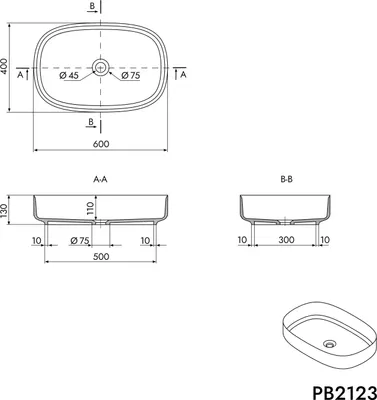 Produktbild von Aufsatzbecken Waschbecken PB2123 - Mineralguss - Weiß matt - 60 x 40 x 13 cm - Oval