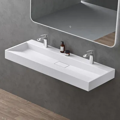 Produktbild von doporro Waschbecken Aufsatzwaschbecken Mineralguss Hängewaschbecken Waschtisch matt weiß 120x46x11cm mit 2 Armaturloch inkl. Ablaufgarnitur Colossum19