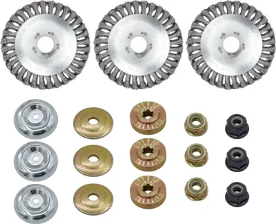 Produktbild von 3x Trade-Shop Unkrautbürste Stahldrahtbürste Stahlrad Trimmerkopf inkl. Adapter-Set kompatibel mit Stihl, Worx, Black & Decker, Husqvarna Motorsense