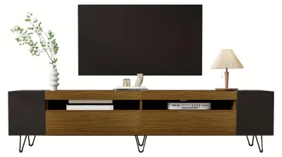 Immagine prodotto di Mobile TV moderno da 180 cm, nei colori nero e effetto legno, con vani a giorno e gambe in metallo robuste